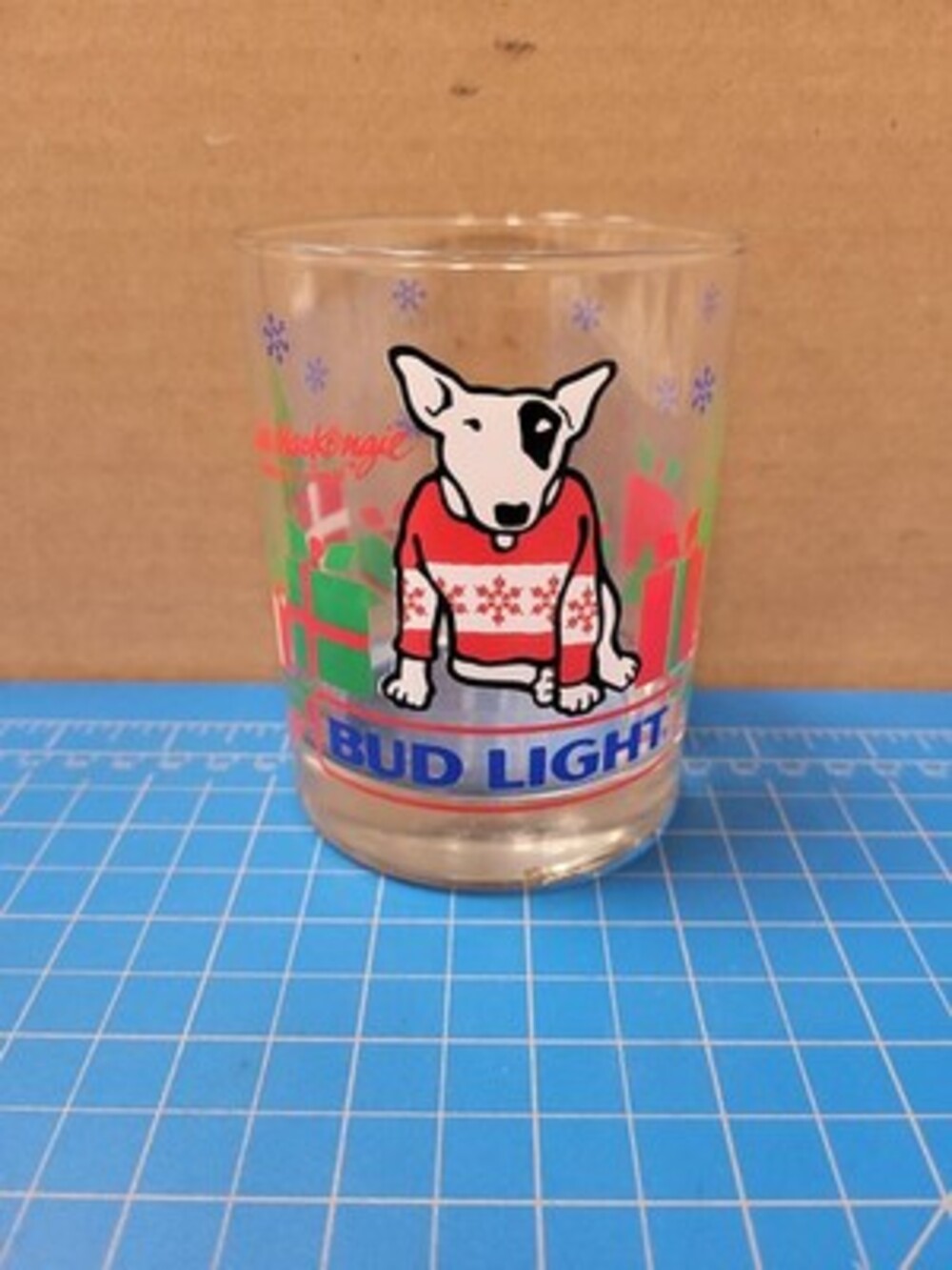 Bud Light MacKenzie River Pizza Bull Terrier Christmas Holiday Glass Collectible